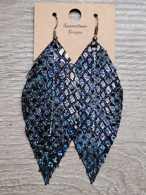 Handmade GENUINE Leather Feather Earrings Black Suede w Holo