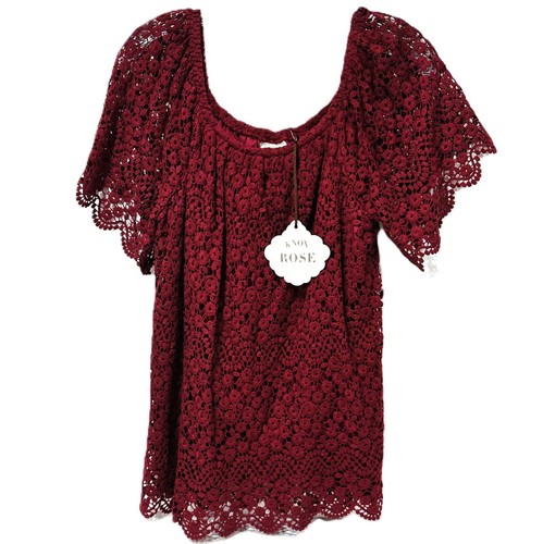 NWT Knox Rose Women's Size M Short Sleeve Boho Top Lined Crochet in Burgundy