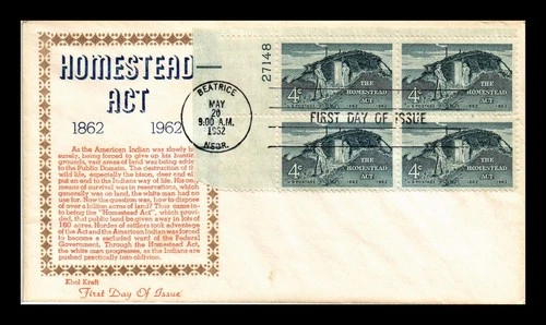 US COVER HOMESTEAD ACT CENTENNIAL FDC SCOTT 1198 PLATE BLOCK KHOL KRAFT