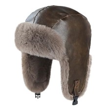 Winter PU Faux Fur Trapper Hat for Men Women Windproof Leather Deep Brown