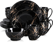 Black Plates and Bowls Sets for 4, Porcelain Dinnerware Sets 16 Piece Gold Splas