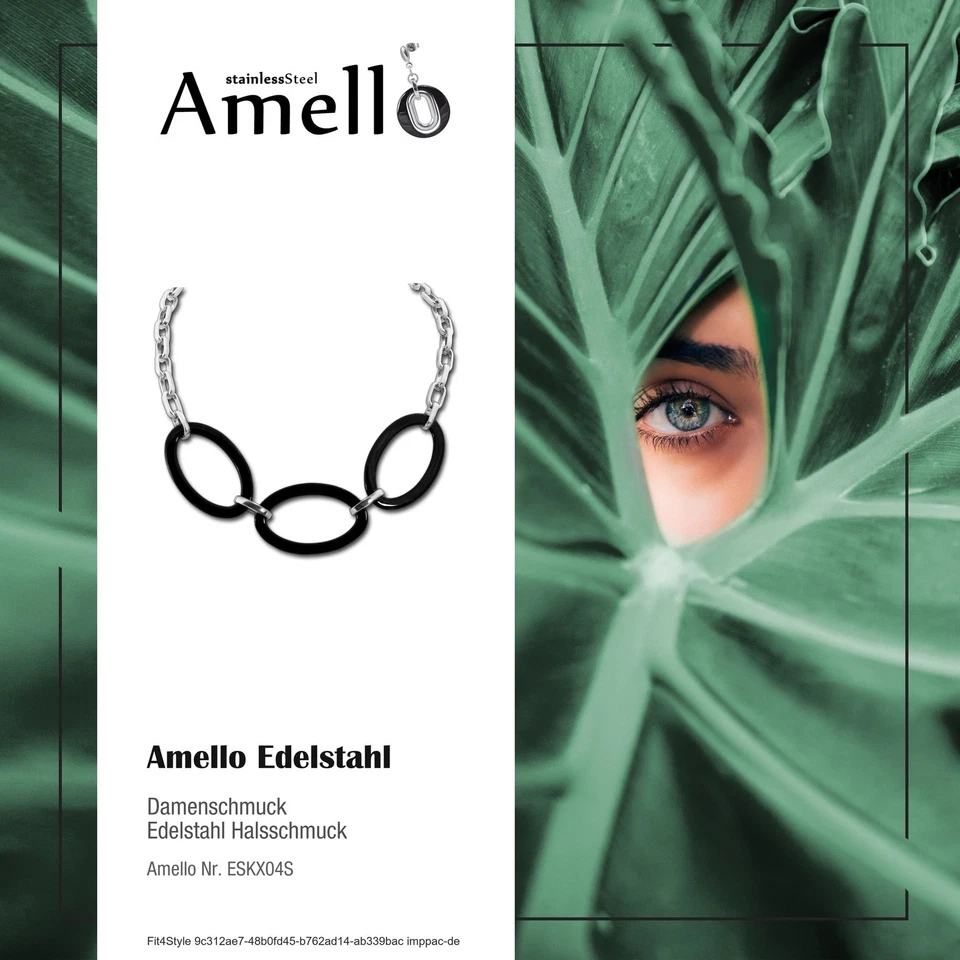 Amello Ovale Argento Collana Nero Gioiello 50cm Acciaio Inox Ceramica ESKX04S - Immagine 2 di 4