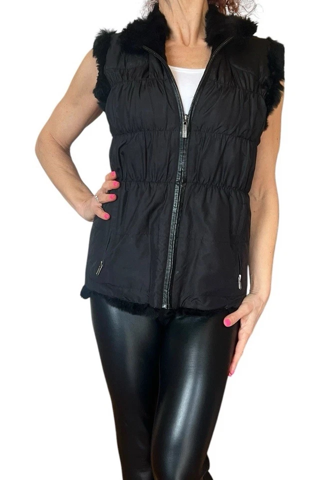 Linda Richards Luxury XS Ruched Silk Black Knit  Rabbit Fur Reversible Vest - Image 3 of 4