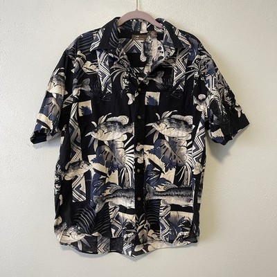Cafe Luna Hawaiian Aloha Size L Shirt Fresh Water Fishing Large Mouth Bass Palm
