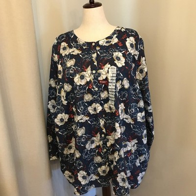 Duluth Trading NWT Womens Tunic Shirt 4X Navy Dark Floral Stretch Button Front