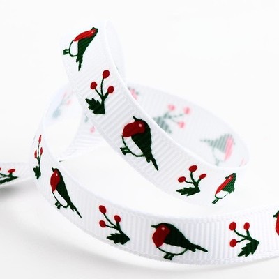 Ripsband Weihnachten 9mm rot Hals und Stechpalme in 5 Meter Spule