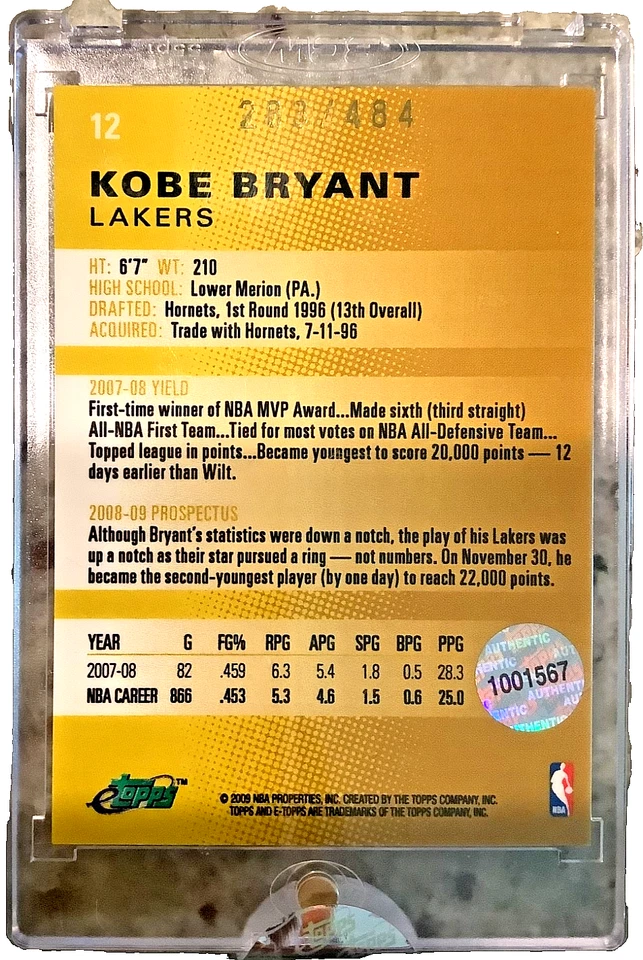 2008-09 ETOPPS Kobe Bryant Card Los Angeles Lakers 283 / 484 - Image 2 of 2