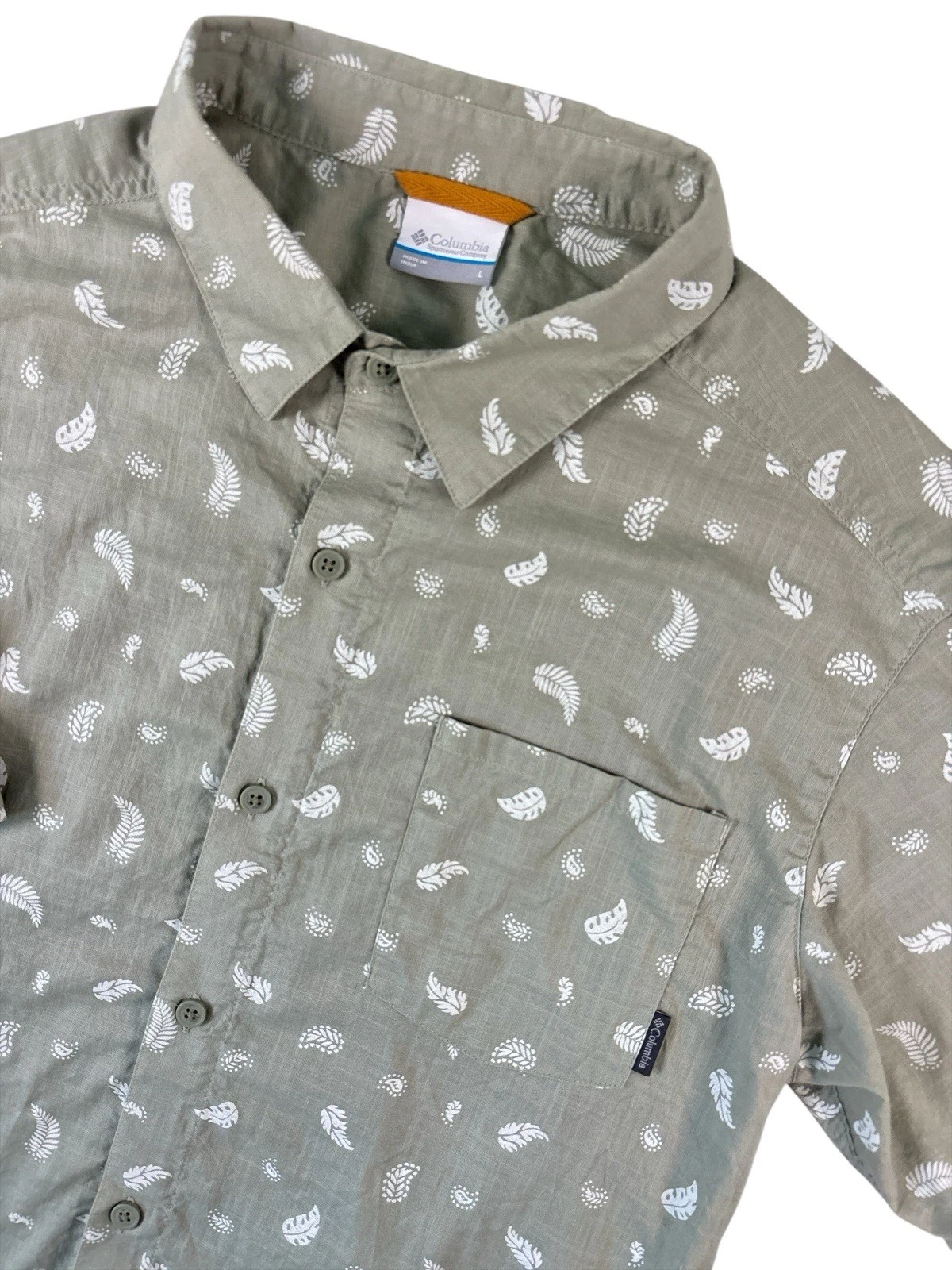 Columbia Shirt Large Green Leaf Print Button Up Short Sleeve 100% Cotton Casual