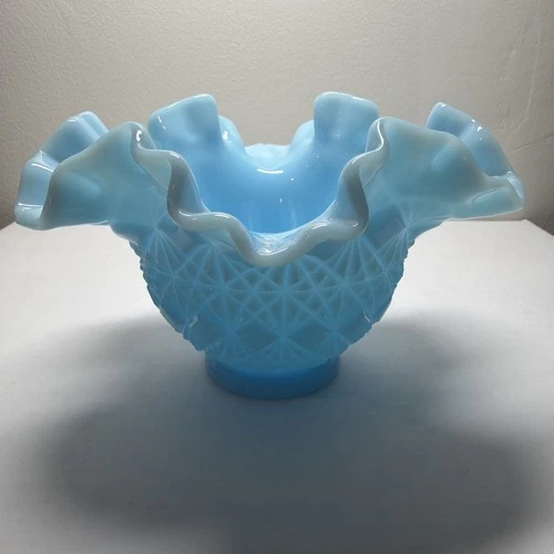 Vintage Fenton 6.5” OVG Olde Virginia Cut Glass Blue Milk Ruffled Bowl Vase🔥