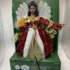 Fiber Optic Angel Christmas Tree Topper Red Dress 12" LED Light Up Black (b)