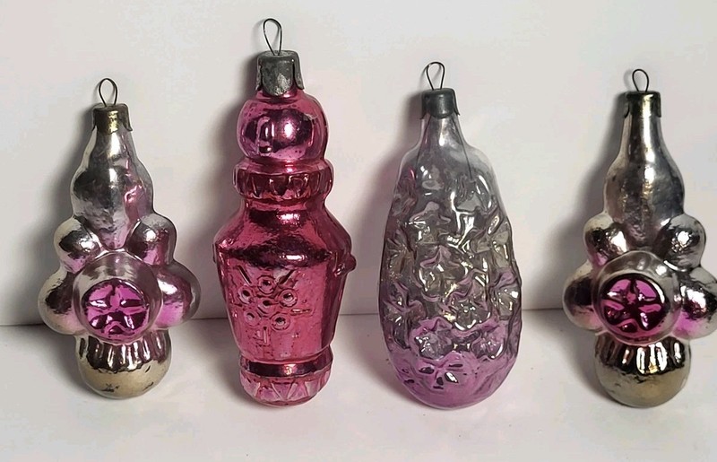 Vintage Glass Christmas Ornaments Soviet USSR? Mercury & Unsilvered Pink Purple