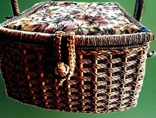 sewing basket Vintage Tapestry Top Woven Wicker with quilted Lining & Tray Nice 