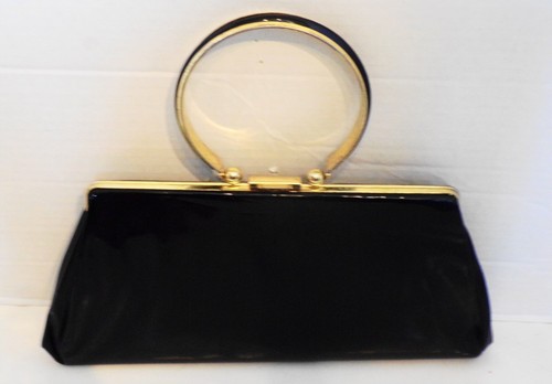 Cartera vintage años 60 vinilo negro asa redonda dorada