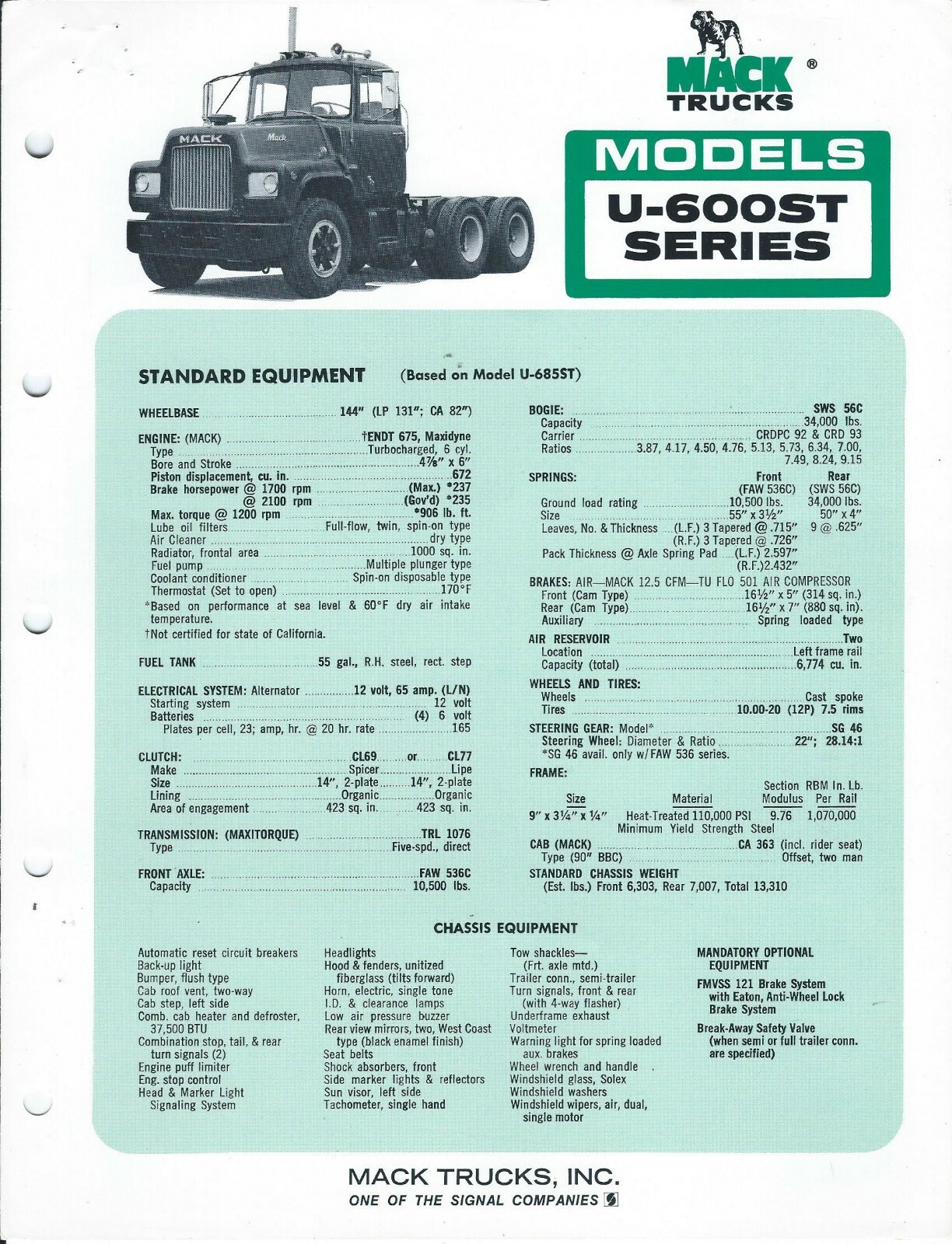 Truck Brochure - Mack - U-600ST series - c1976 (T3307)