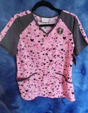 SCRUBSTAR Women  s M Size Sentimental Hearts V-Neck Print Scrub Top   Pink NWT 