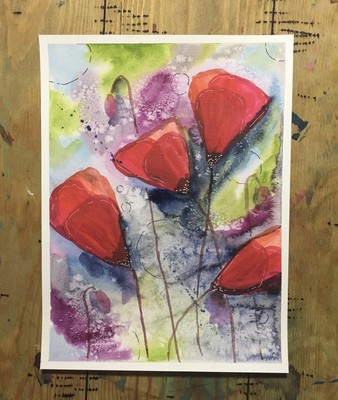 Maria Scalf Flowers Floral Abstract Botanical Poppy Watercolor Signed Art 9x12