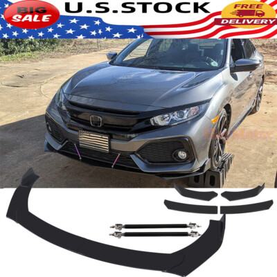 For Honda Civic SI Glossy Black Front Bumper Lip Spoiler Splitter + Strut Rods