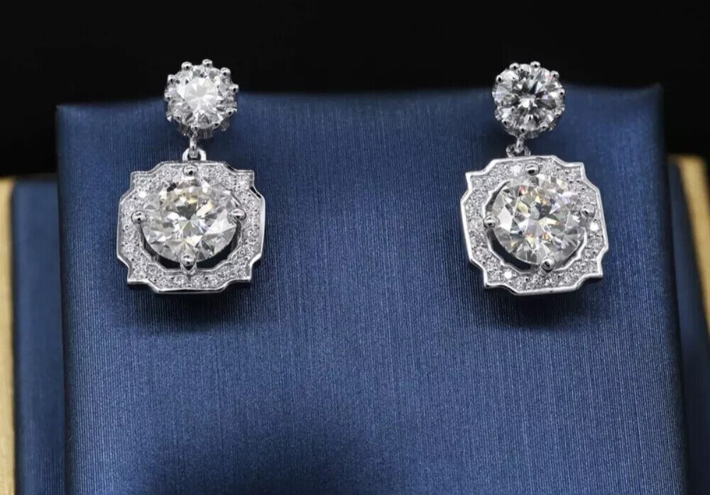 3Ct Round Moissanite Dangle Earrings in 14K White Gold Plated