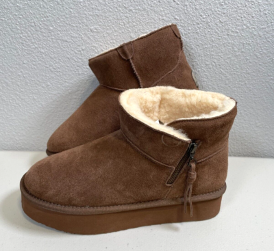 NWT Bearpaw Womens Short Ankle Zip Fur Lined Winter Boots Brown
