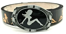 MUD FLAP GIRL TRUCKER EMBOSSED COWHIDE LEATHER BELT & BUCKLE COMBO USA MADE