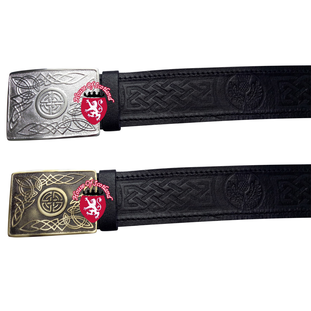 Scottish Kilt Belt Buckle Swirl Celtic with Real Leather Belts Thistle  Embossed