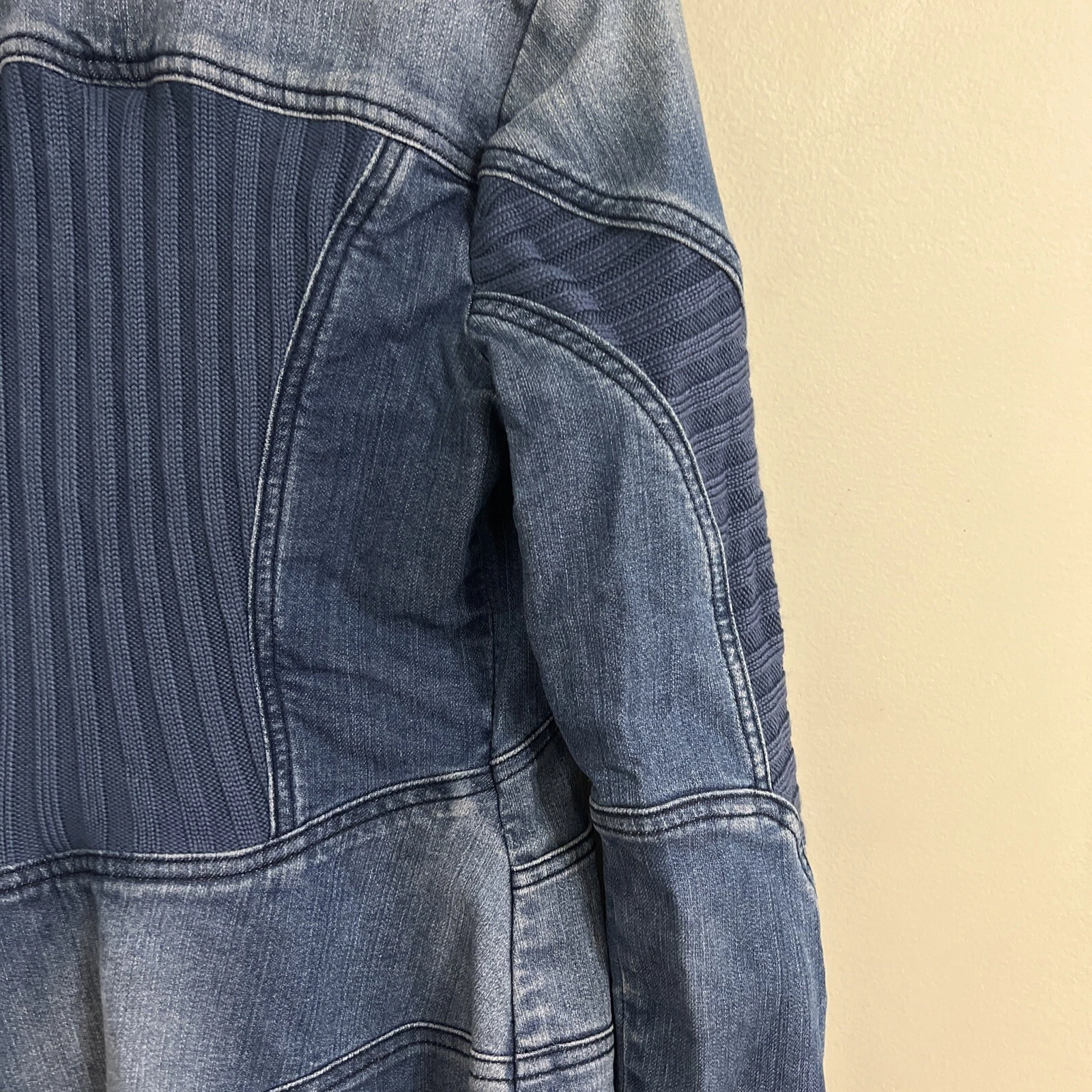 Sam Edelman Assymetrical Zipper Stylish Knit Denim Blue MotoJacket Womens Small