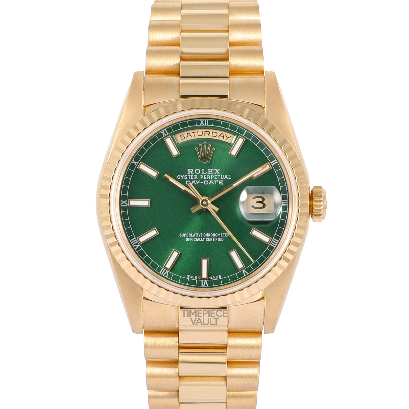 Rolex — Rolex Mens Day-Date 18238 President 18k Gold 36mm Green Index Dial-Fluted Bezel