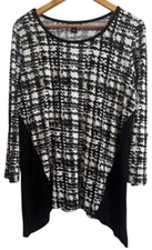 I.N. Studio Sz L Top Black White Plaid Shark Bite Hemline Long-Roll Tab Sleeves