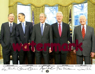 GEORGE HW & W BUSH BARACK OBAMA BILL CLINTON JIMMY CARTER SIGNED PUBLICITY PHOTO