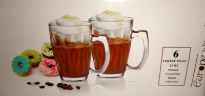 Europe Ware 6-PC SET Coffee Mugs Tea Cups Premium Crystal Clear Glassware in BOX
