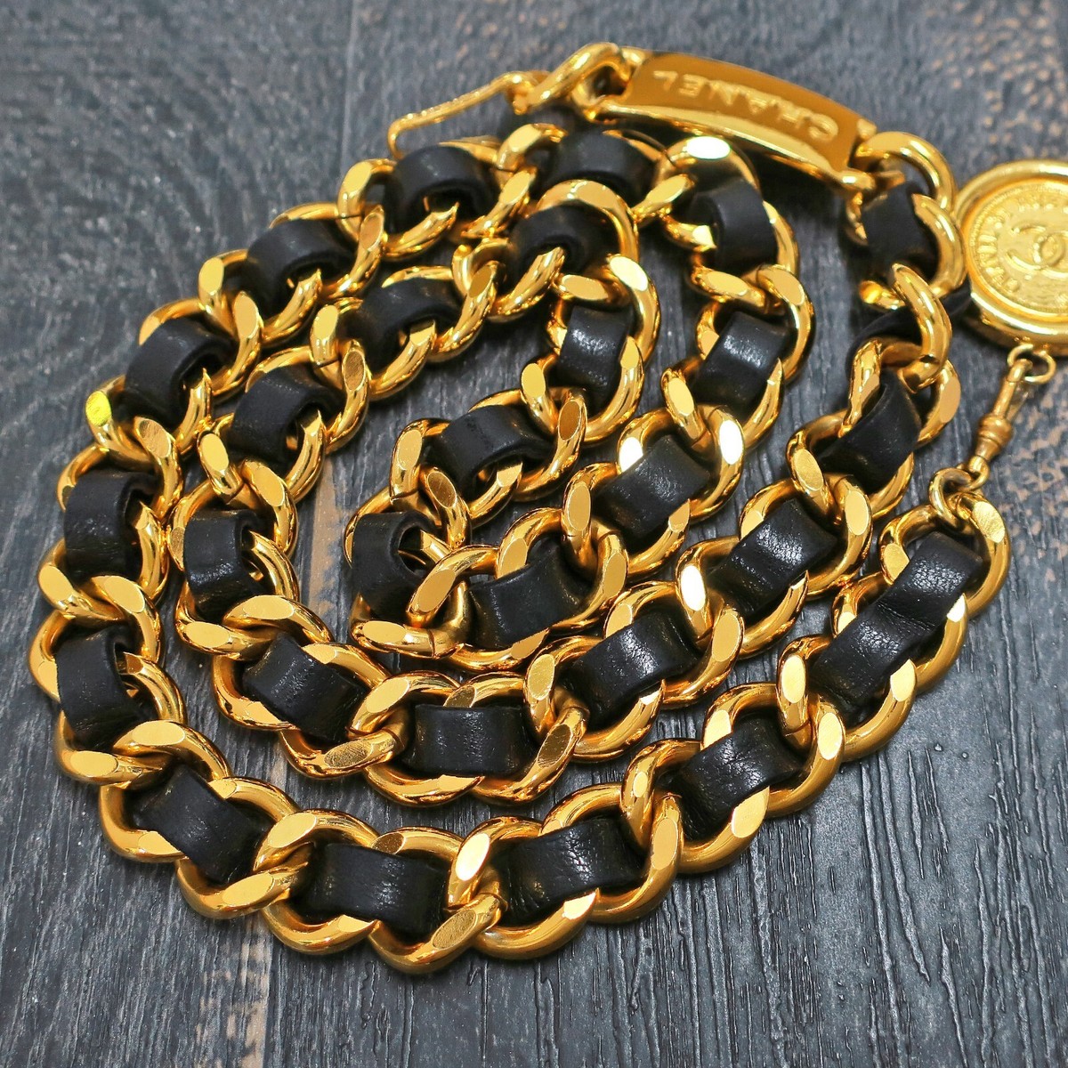 CHANEL Gold Plated Black Leather CC Logos Coin Vintage Chain CHANEL Gold Plated Black Leather CC Logos Coin Vintage Chain