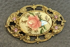 Vintage 1928 Victorian Revival Rose Brooch Pin Floral Gold Tone Pink Rhinestone