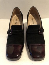 Vtg Charles Jourdan Black Suede Brown Patent Block Heel Shoes 6M Spain