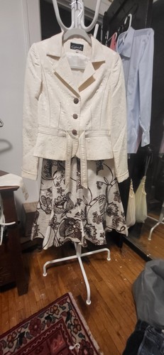 Celine, Vintage Celine K New York Paris 2 Pc Silk White & Brown Print Skirt Suit 6