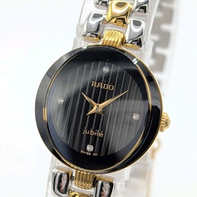 RADO Jubile Quartz Ladies Two-Tone Gold Black Date Watch wrist 16cm/6.3in
