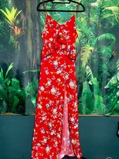 New Pretty Little Thing Maxi Summer Strappy Dress Sz 10 Red Floral Thigh Slit