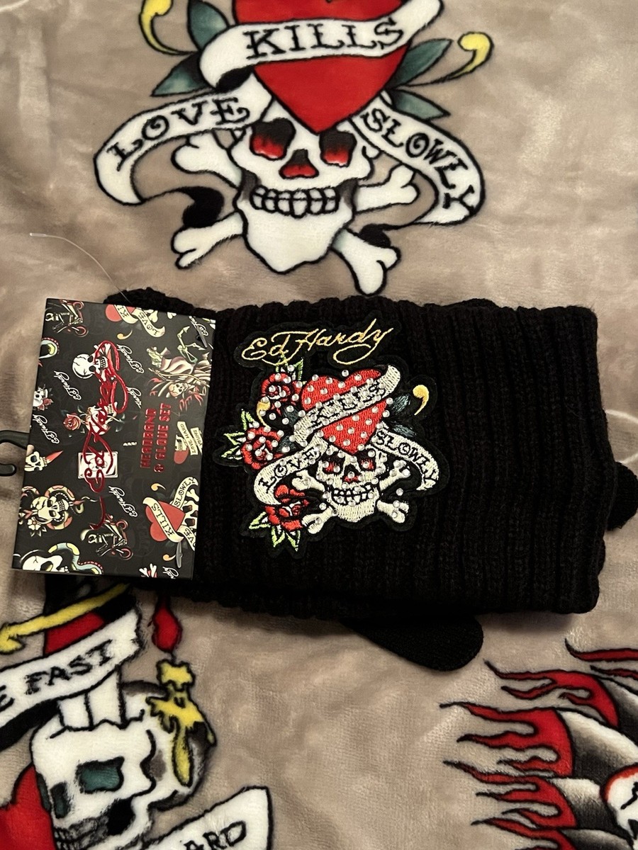 Ed Hardy Women's Love Kills Slowly Headband & Glove Set Black One