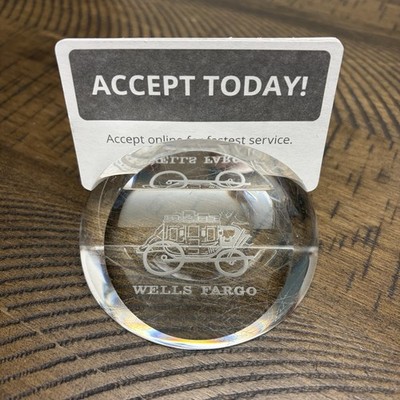 Wells Fargo Bank Business Card Holder Clear Crystal Paperweight