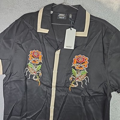 WeSC Camper S/S Shirt Whipping Scorpion Rose Applique Button Up Mens L Black NWT