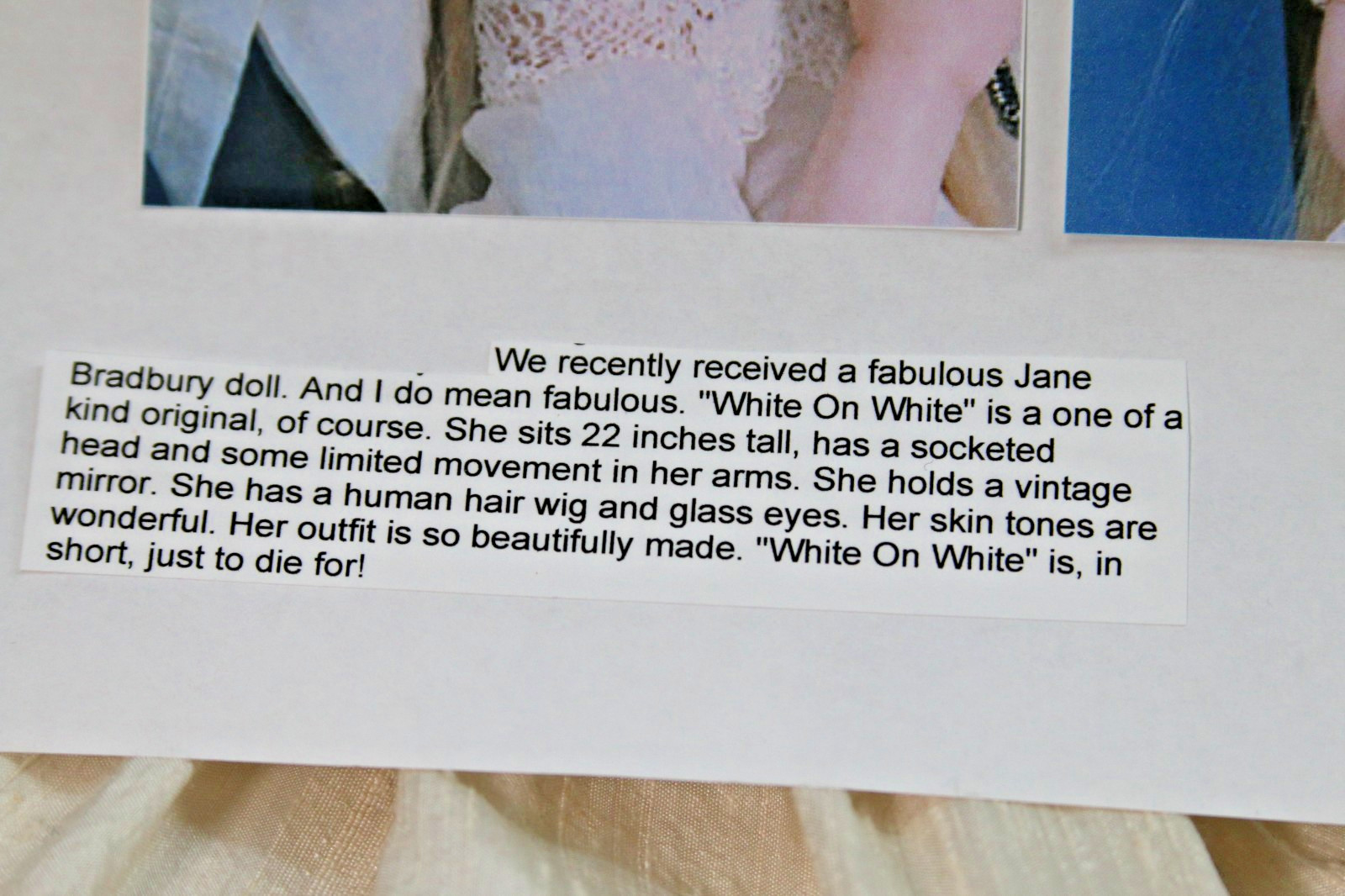 Jane Bradbury "WHITE ON WHITE" 22" ONE OF A KIND; DOLL 43