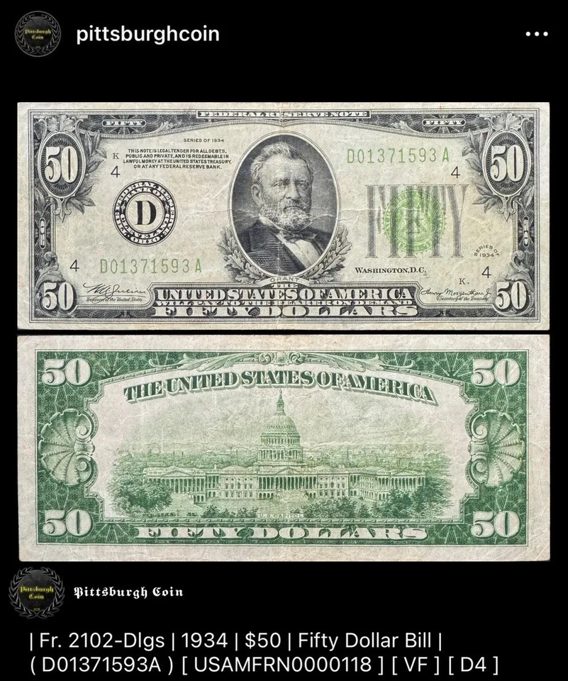 1934 $50 Fifty Dollar Bill Lime Green Seal Vintage Banknote FR 2102-Dlgs D4 - Image 2 of 2