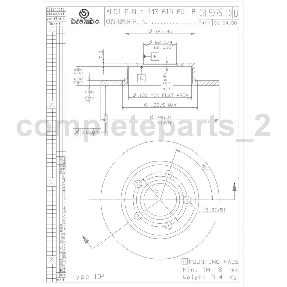 Disc Brake Pad Set Disc Brake Rotor Fits 1986-1986 Audi 5000 Quattro Brembo 3pcs - Image 2 of 4