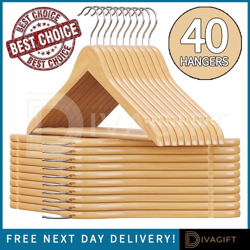 WOODEN COAT HANGERS SUIT GARMENTS CLOTHES WOOD HANGER TROUSER BAR SET NEW x40