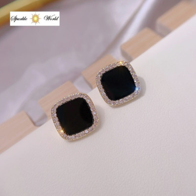 Exquisite Gold Schwarz Quadrat Zirkon Kristall Ohrstecker für Damen Schmuck