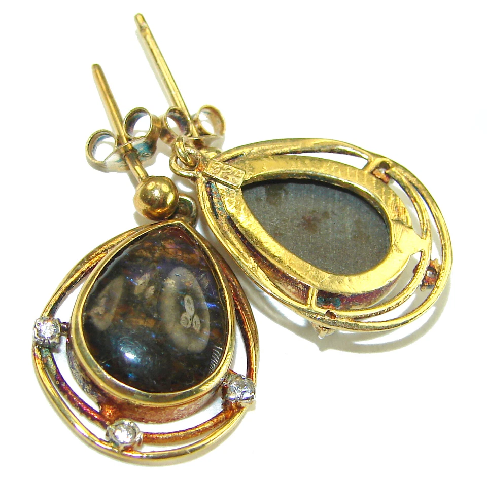 Pendientes Ammolita Oro Rosa 14K Sobre Plata 925 Verde Fuego Canadiense Hechos a Mano Foto 2 de 4