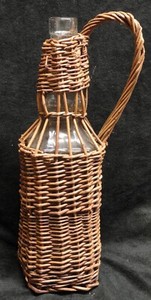 Vintage Wicker Wrapped Square Wine or Whiskey BOTTLE with Handle 12" tall - LOOK