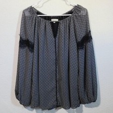 Max Studio Blue Black Printed Lace Detail Long Sleeve Top Size S