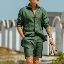 Men Summer Outfit 2-Piece Set Long Sleeve Shirt and Shorts Sweatsuit Set