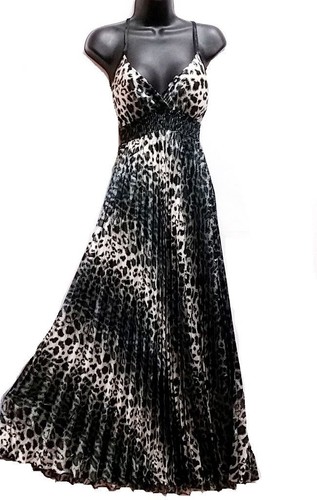 Pleaded Leopard Silk Summer Sundress Maxi S M Long Evening Cocktail Party Animal - Picture 2 of 7