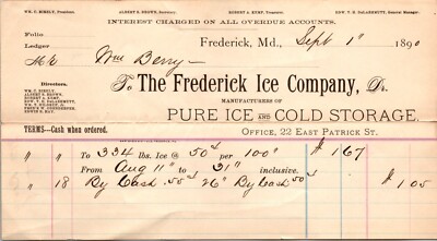 Frederick Ice Company Frederick MD 1890 Billhead Ice & Cold Storage